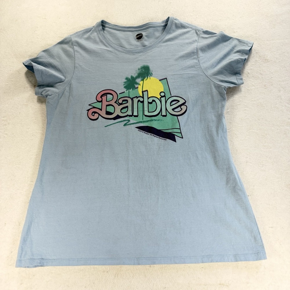 Barbie Graphic T-Shirt Womens Large Blue Retro Palm Tree Logo Tee Mattel